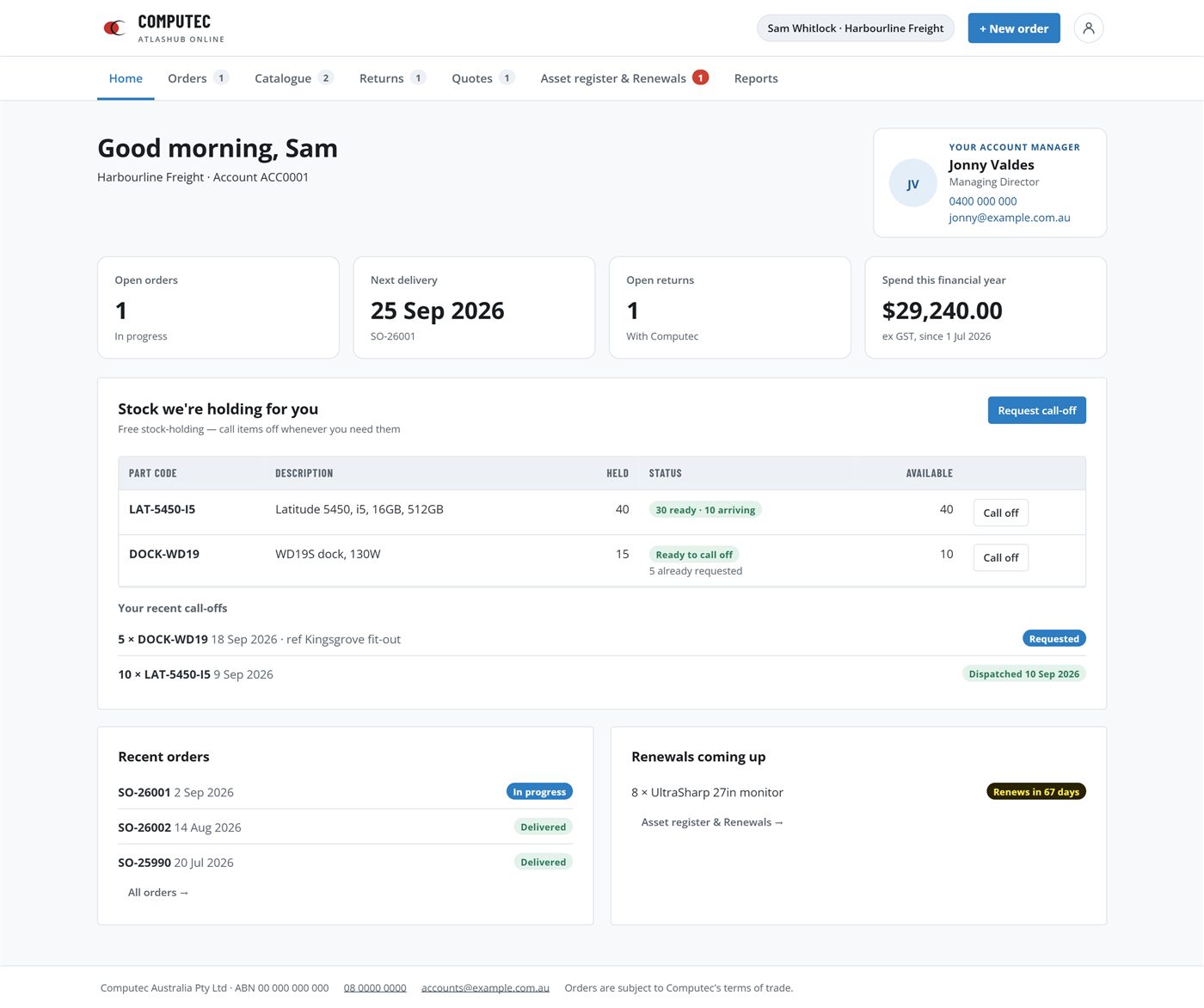 The AtlasHub Online home page showing open orders, the next delivery date and stock held for the customer
